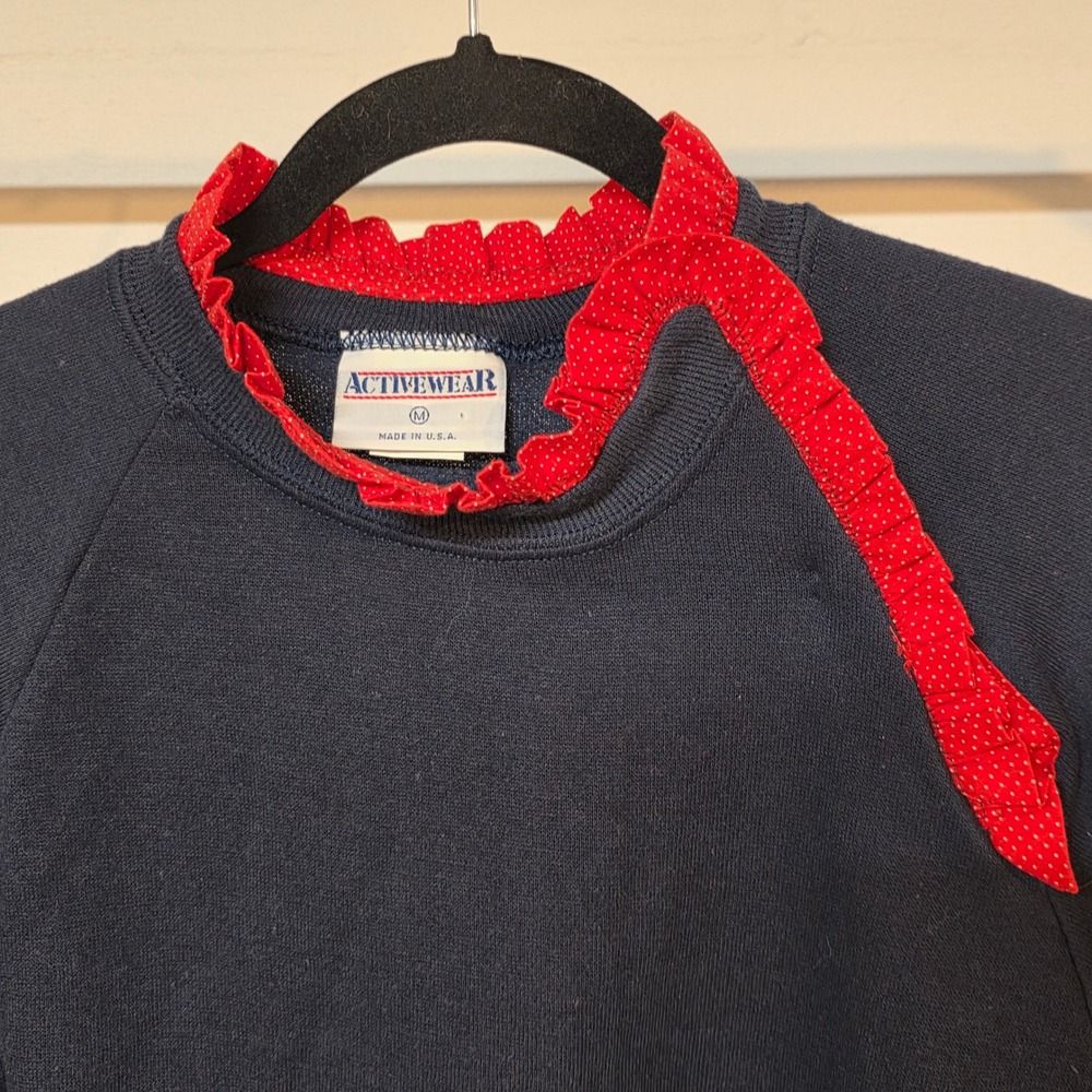 Vintage 80s Activewear Navy Blue Ruffle Collar Polka Dot Sweatshirt Women Medium - Picture 8 of 12